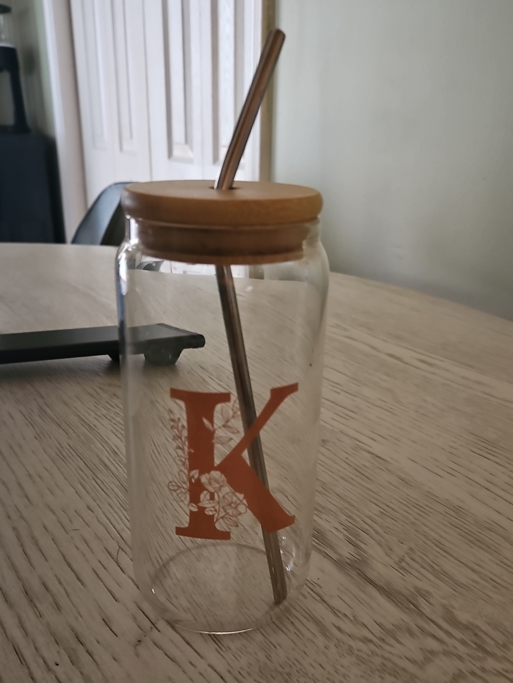 Personalized Glass Drink Jar with Bamboo Lid and Straw - Letter K - Orange